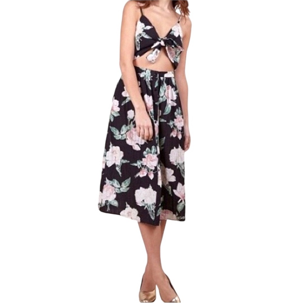 FRNCH Cutout Front Tie Top Midi Dress Reversible Blue Pink Green Floral Dress